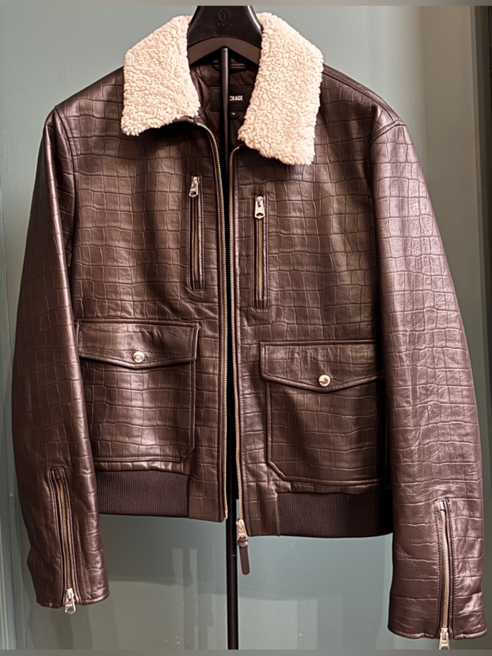 MACKAGE CHANCE-NV Croc-Embossed Leather Jacket Shearling Collar Brown Crocodile